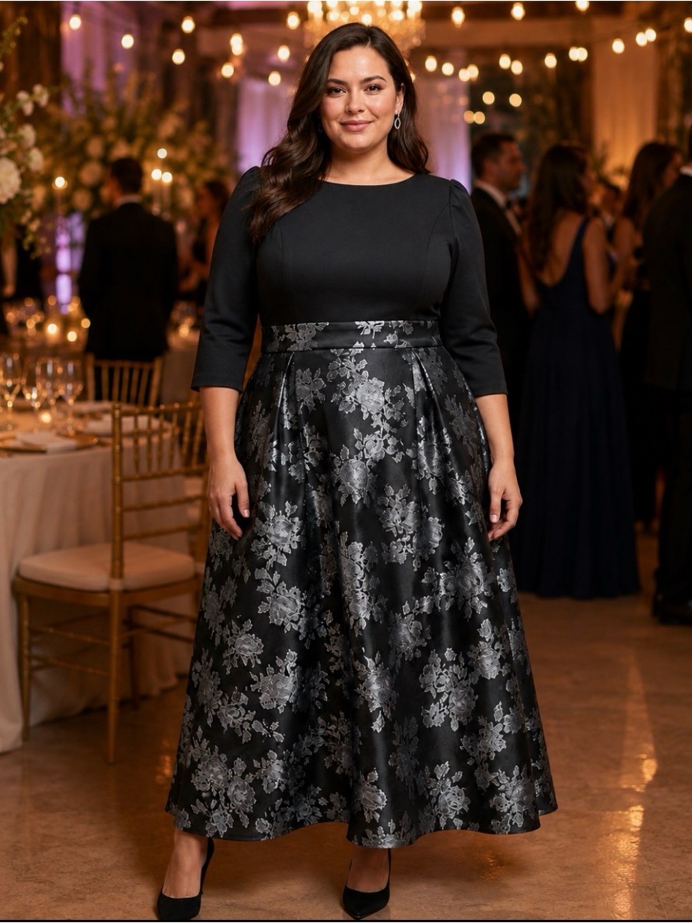 Oleg Cassini  Black, Blue and Silver Floral Evening Dress